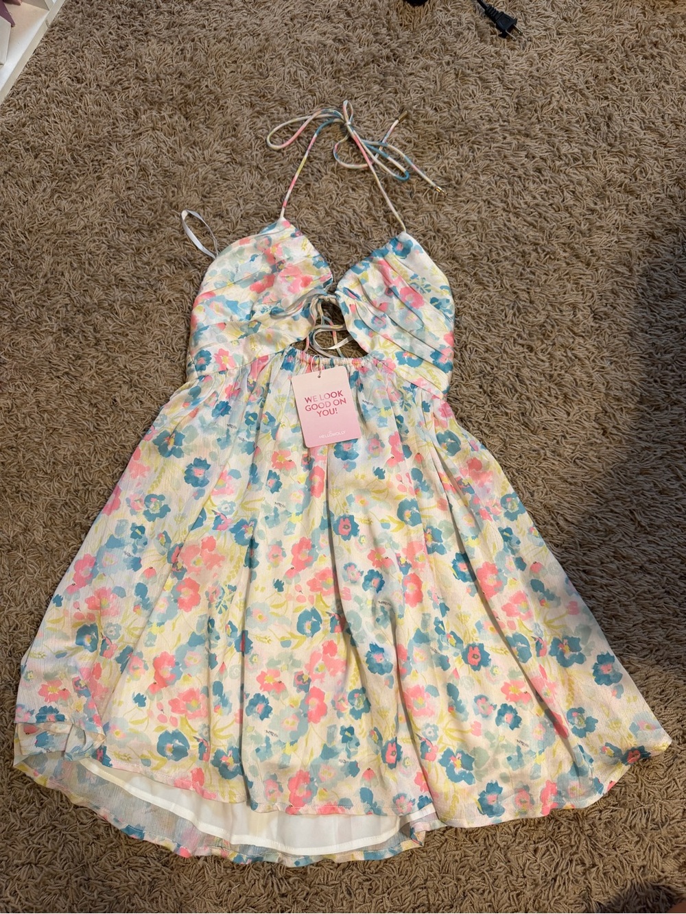 Hello Molly Cream Floral Halter Dress with Blue and Pink Accents